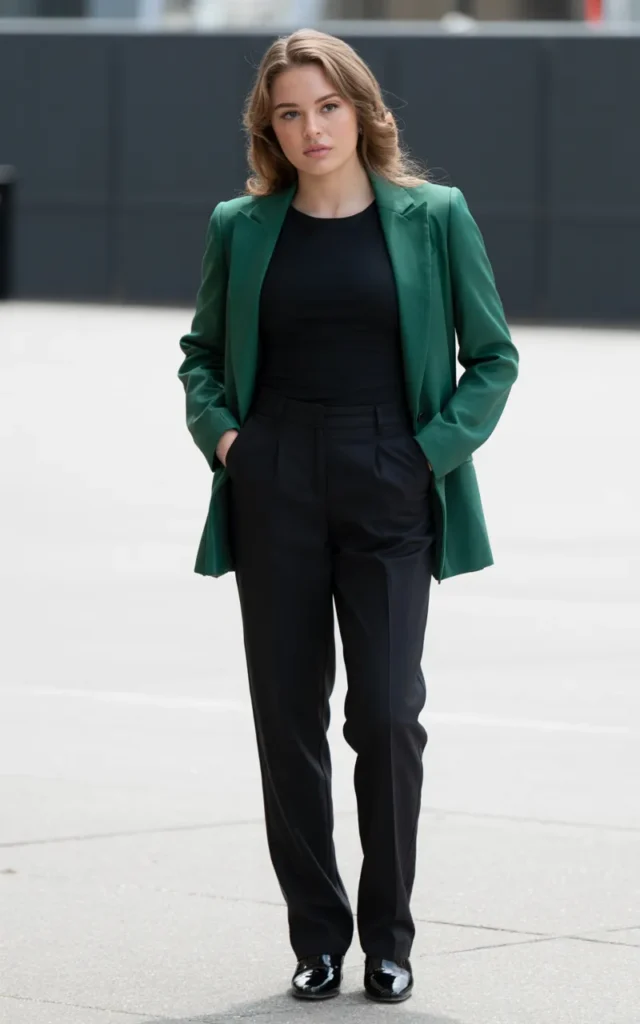 Layer a green blazer over an all-black outfit