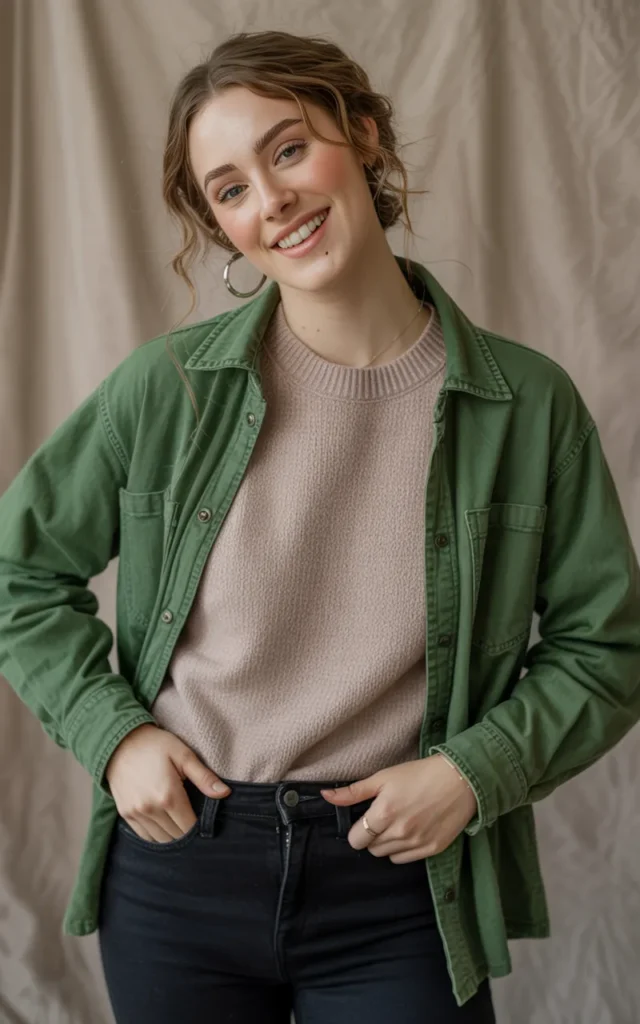 Layer a green shacket over a monochrome outfit