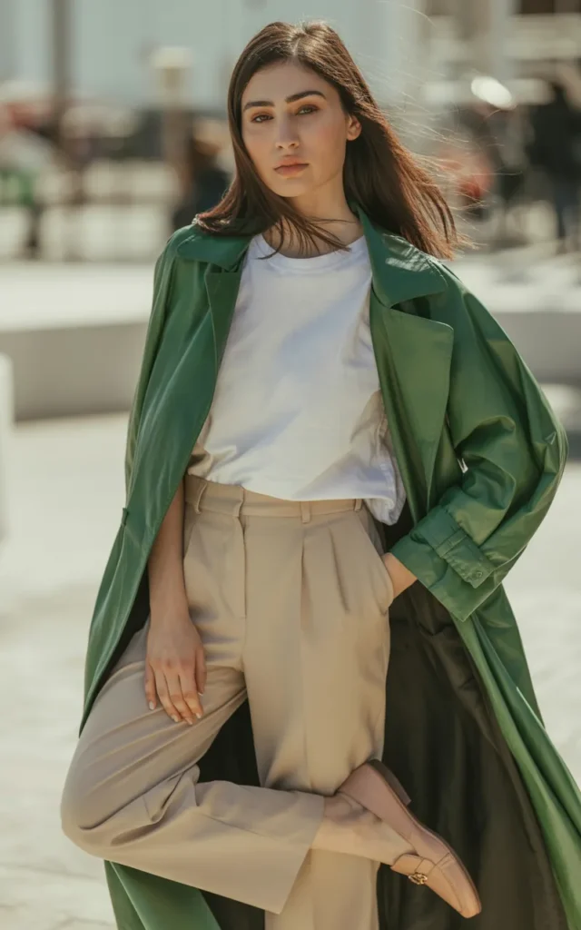 Layer a green trench coat over a neutral base