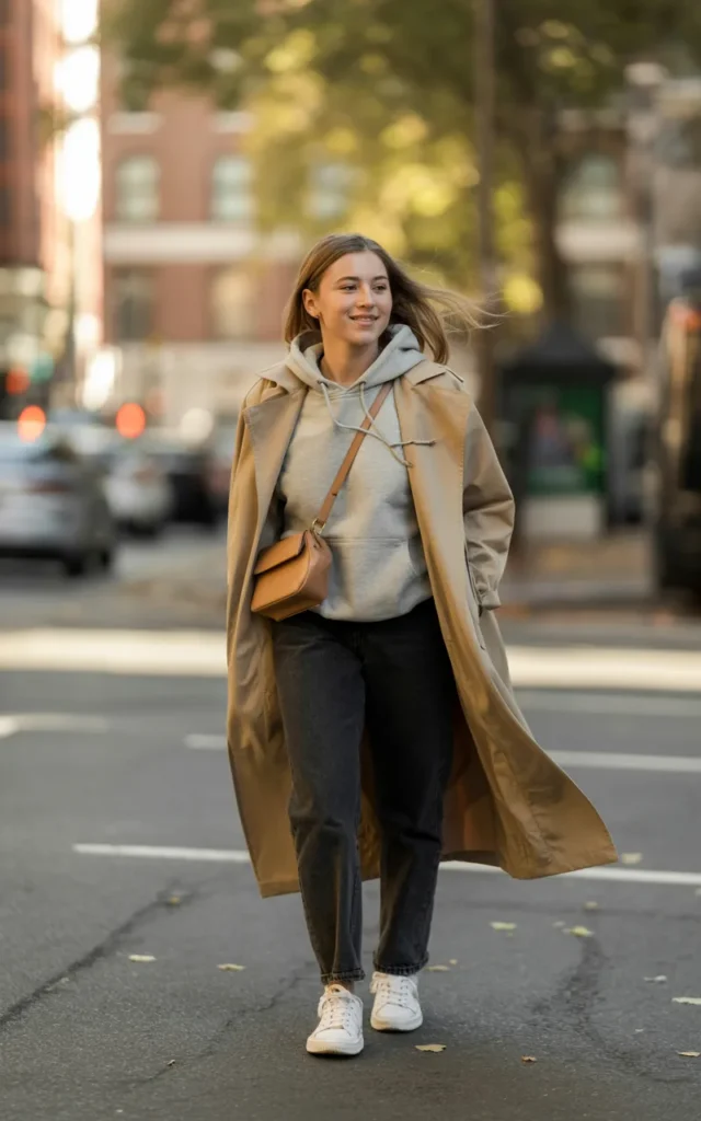 Layer a hoodie under a trench coat with sneakers