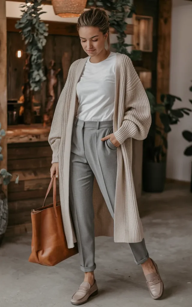 Layer a longline cardigan over slim trousers 🍃