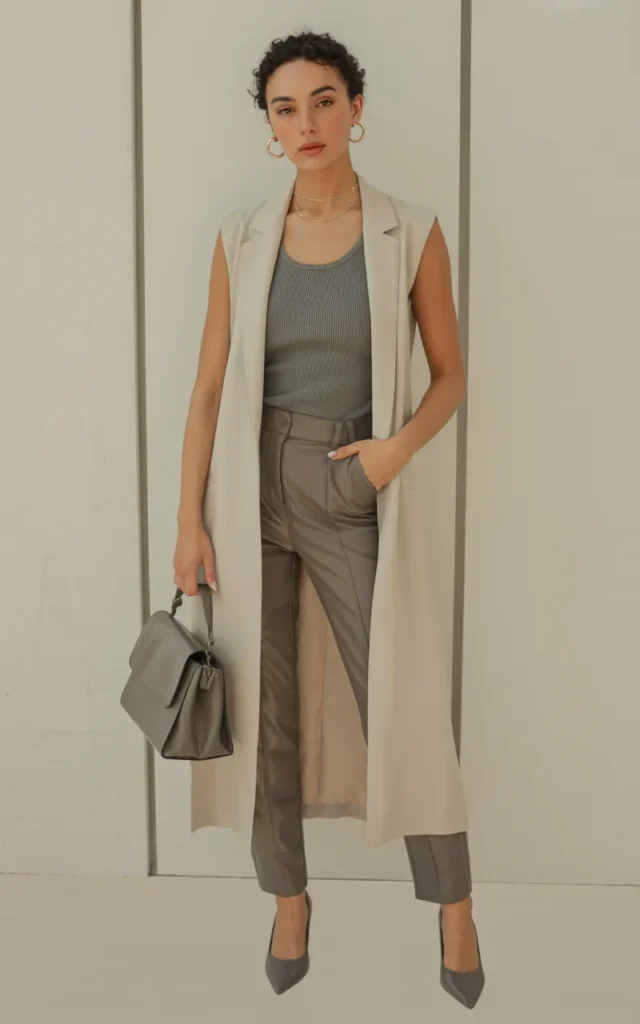 Layer a longline vest over a monochrome outfit