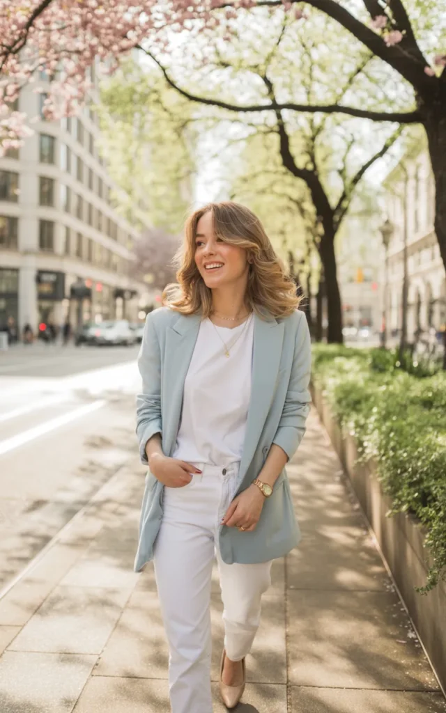 Layer a pastel blazer over a monochrome base