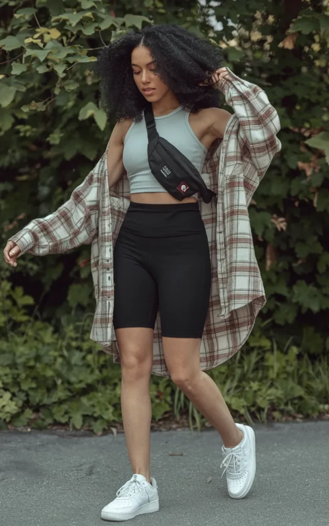 Layer a plaid shirt over a tank and biker shorts 🌿