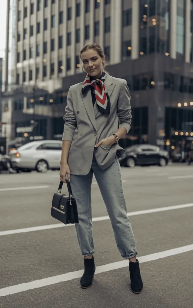 Layer a scarf over a blazer and jeans combo