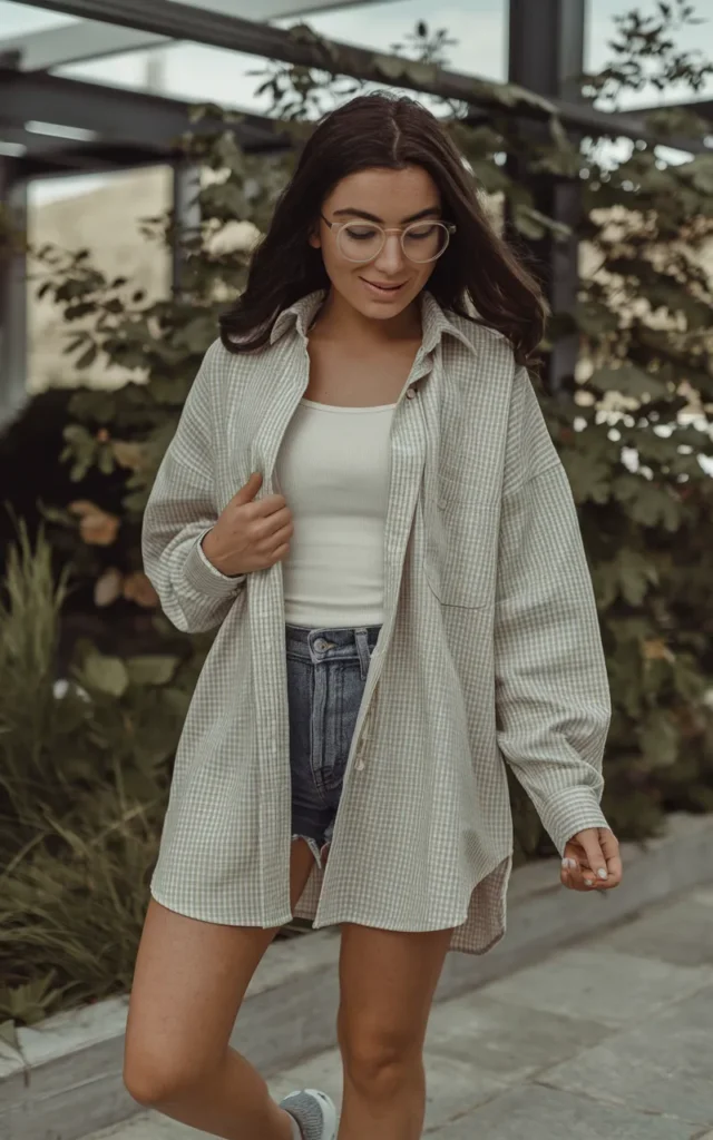 Layer a shacket over a tank and shorts