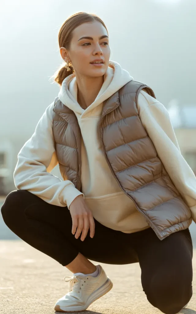 Layer a sleeveless puffer over a hoodie and leggings ☁️