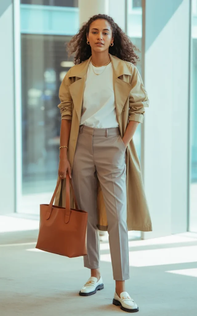 Layer a trench coat over a simple work outfit