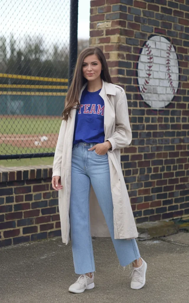 Layer a trench over a sporty tee and jeans 🤍