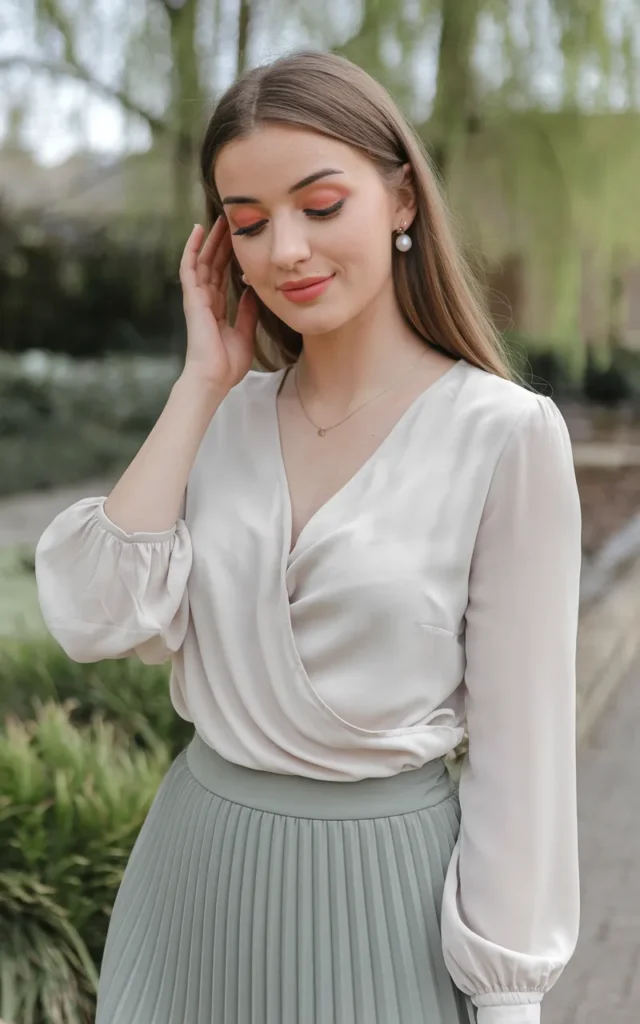 Match a soft blouse with a midi skirt 🌷