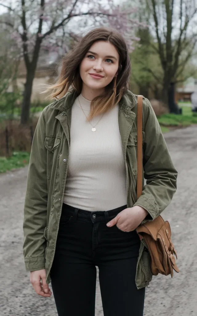 Mix a utility jacket with a fitted knit top