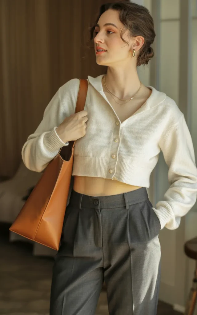 Pair a cropped cardigan with high-waisted trousers