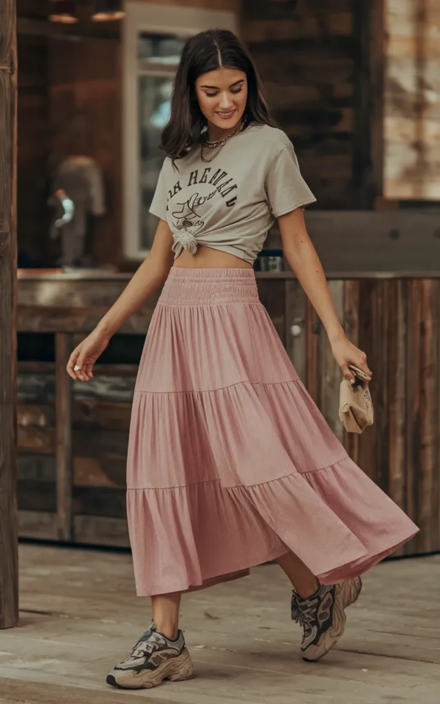 Pair a cropped graphic tee with a tiered skirt