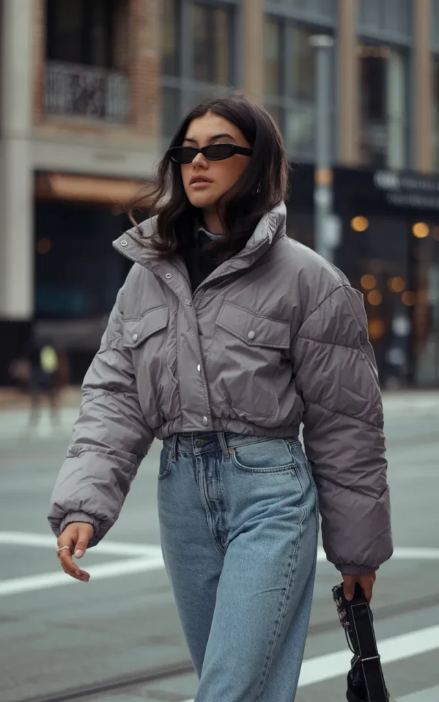 Pair a cropped puffer with high-waisted jeans