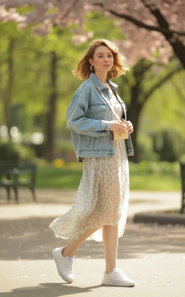Pair a flowy floral midi dress with white sneakers