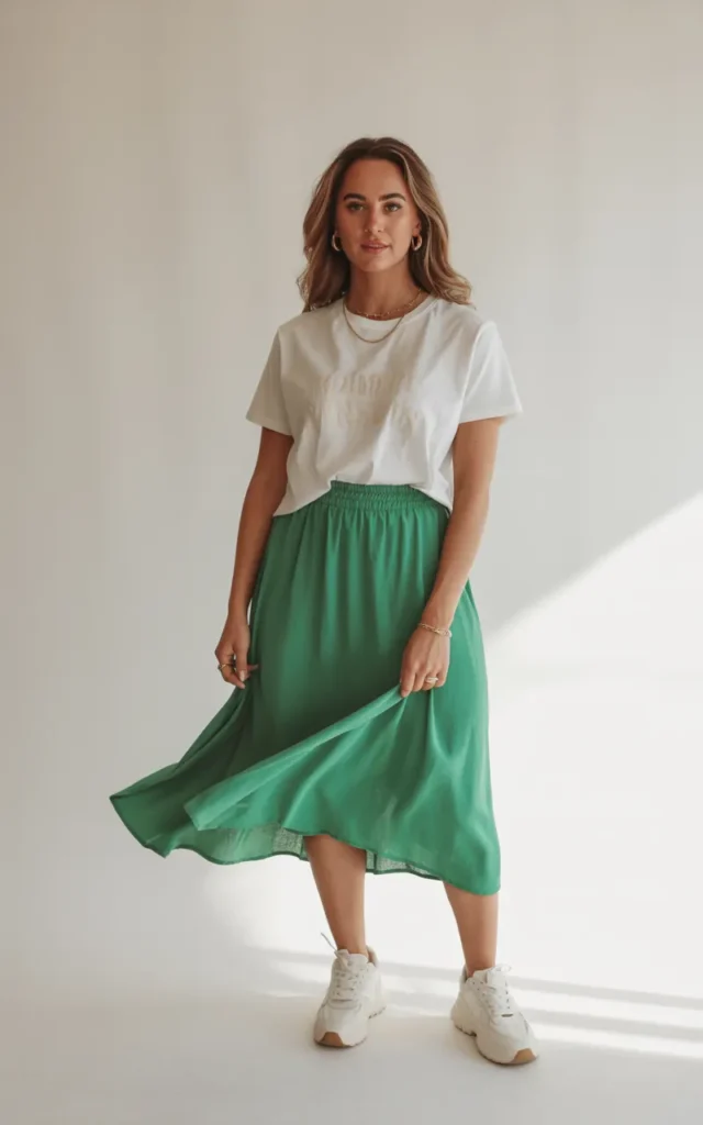 Pair a graphic tee with a green midi skirt