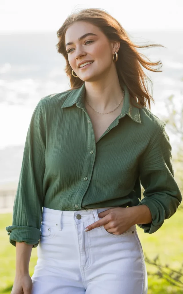 Pair a green button-down with white jeans