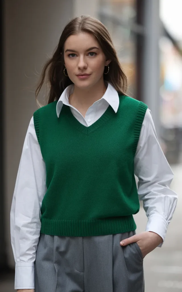 Pair a green sweater vest with a crisp button-down