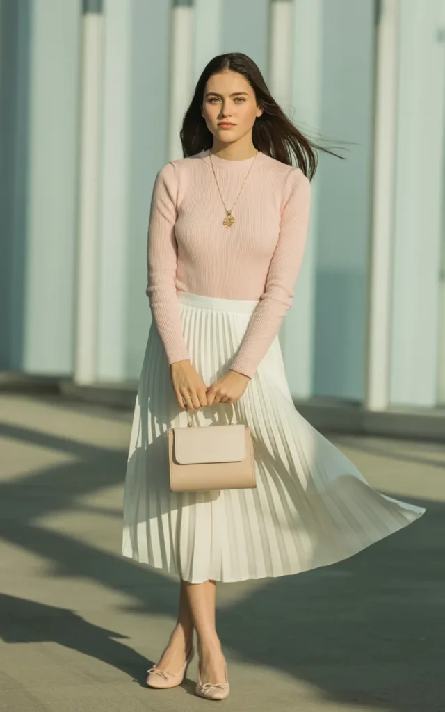 Pair a knit top with a pleated midi skirt