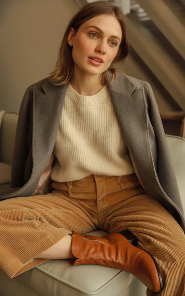 Pair a knit top with corduroy pants and a coat