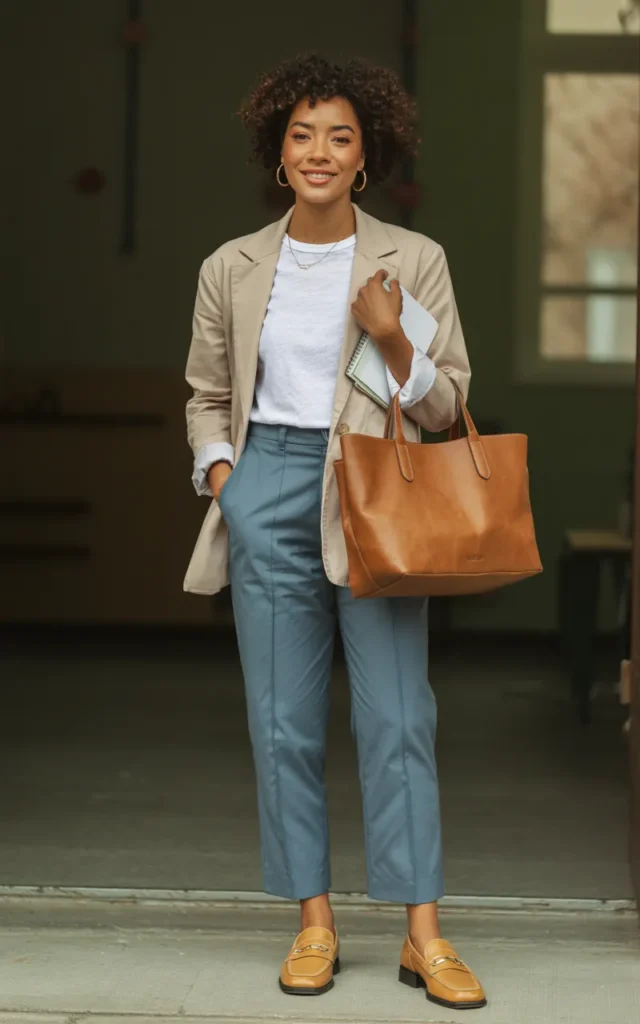 Pair a lightweight blazer with straight-leg trousers 🌿