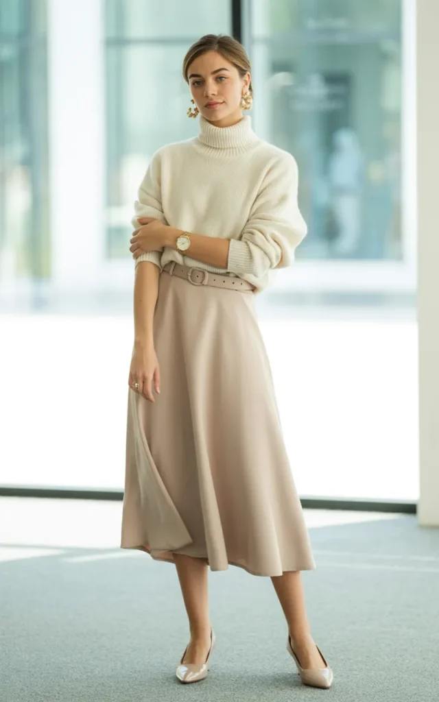 Pair a lightweight turtleneck with a midi skirt