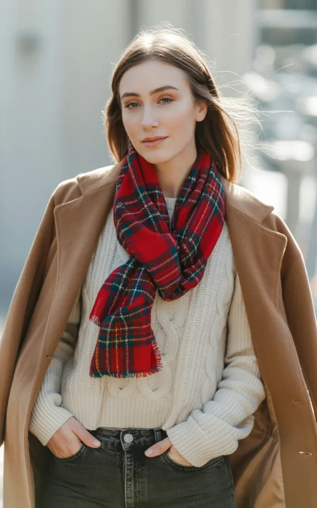 Pair a plaid scarf with a neutral layered outfit