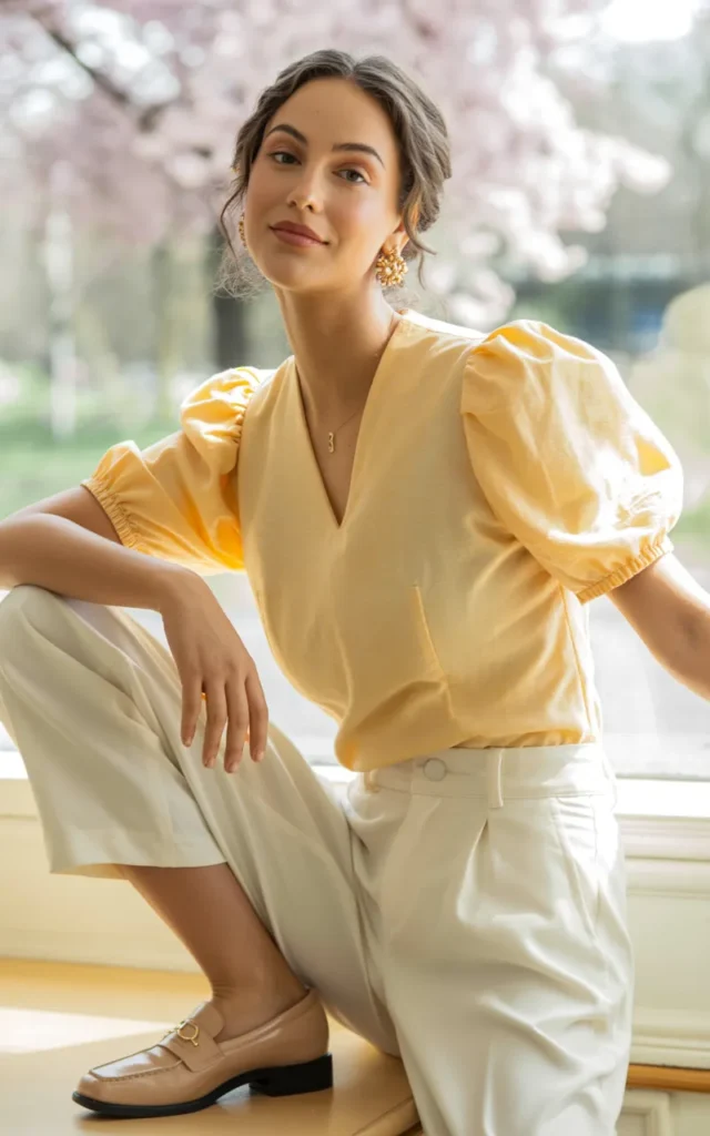 Pair a puff-sleeve blouse with tailored pants 🌷