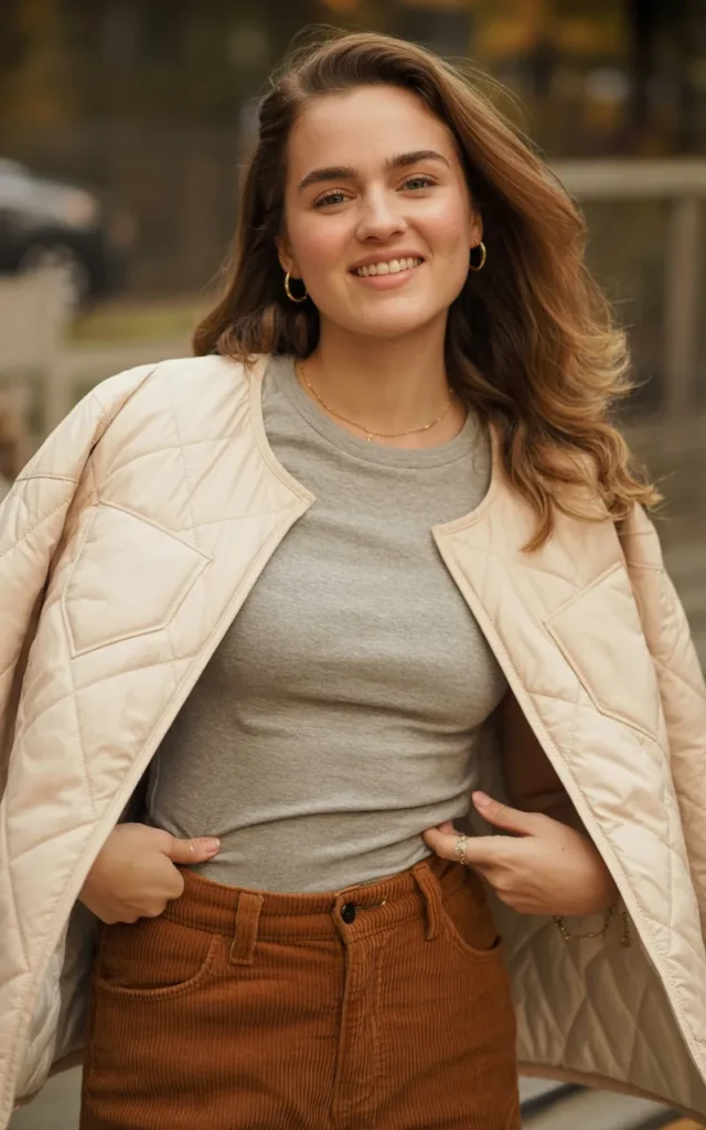 Pair a quilted jacket with corduroy pants and a basic tee