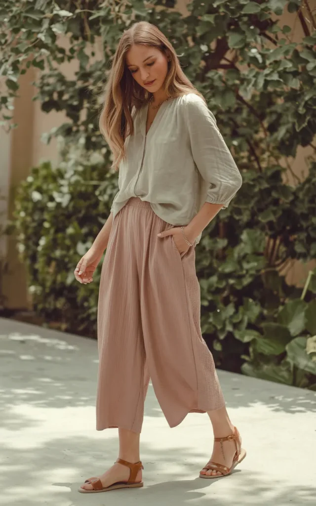 Pair a soft blouse with culottes