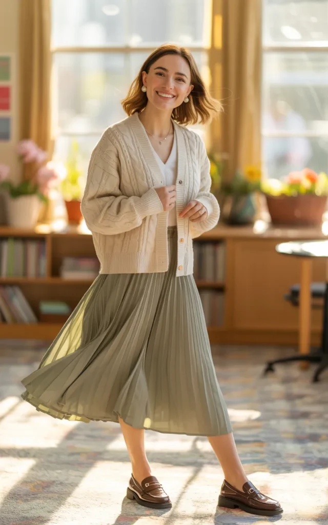 Pair a soft cardigan with a pleated skirt 🍃
