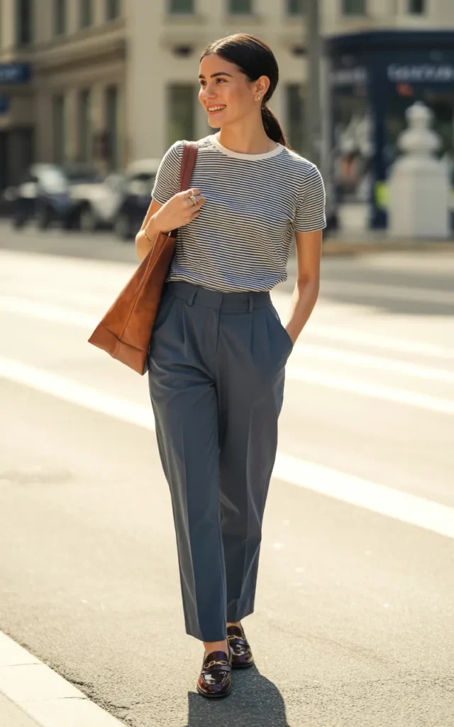 Pair a striped tee with ankle-length trousers and loafers