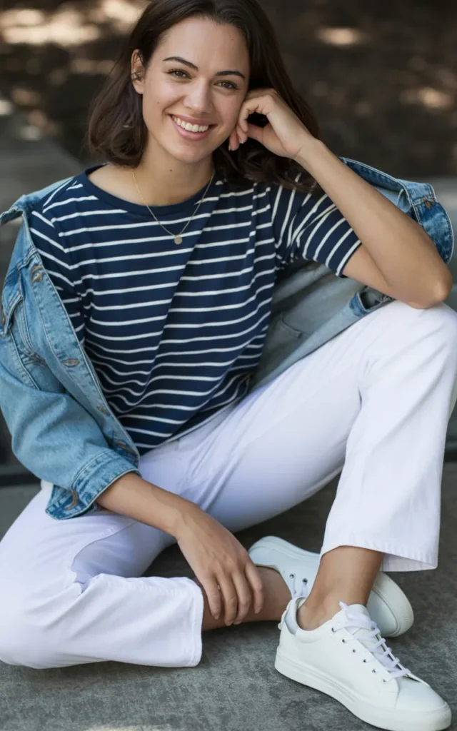 Pair a striped tee with white jeans and sneakers 🤍