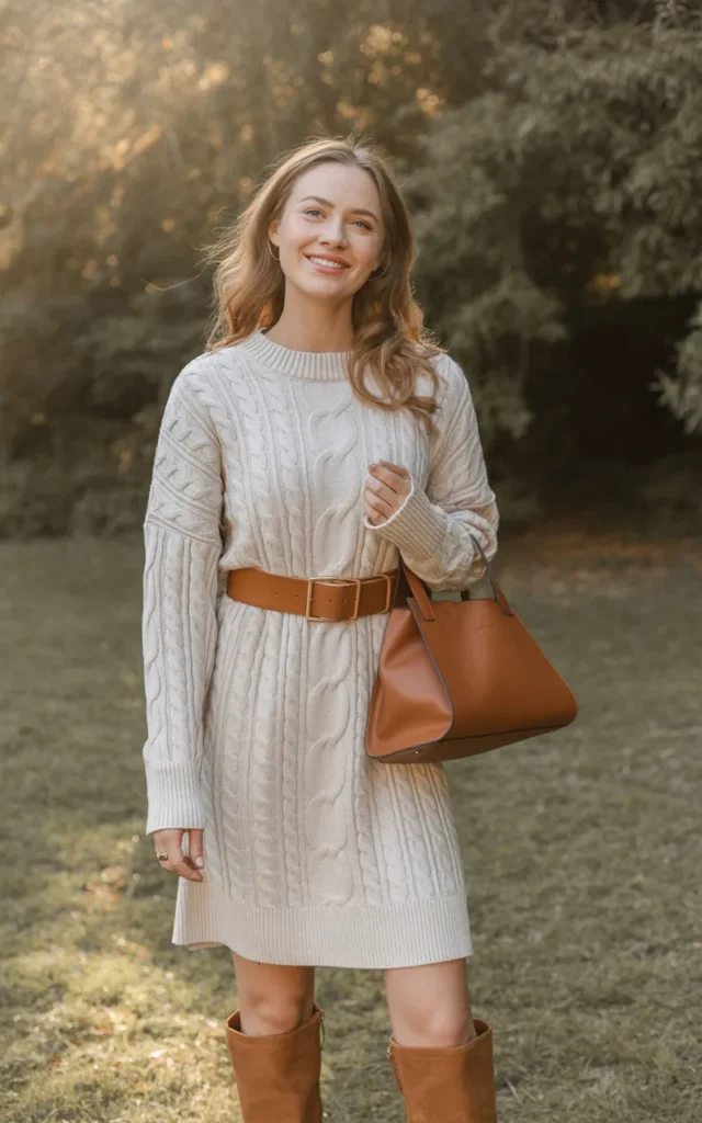 Pair a sweater dress with knee-high boots and a belt