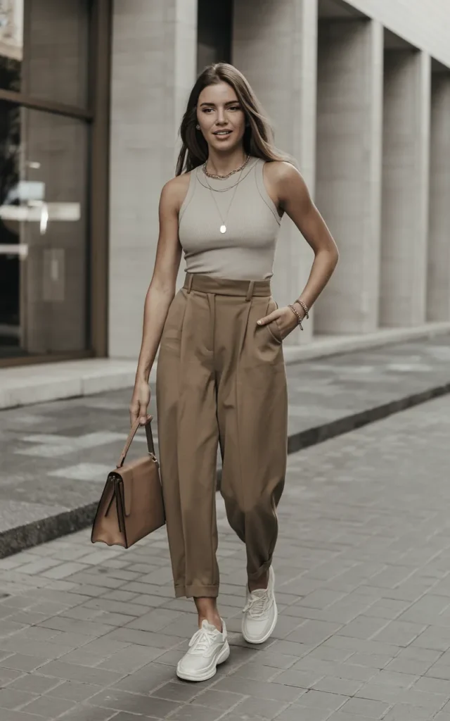 Pair a tank top with tailored trousers and sneakers