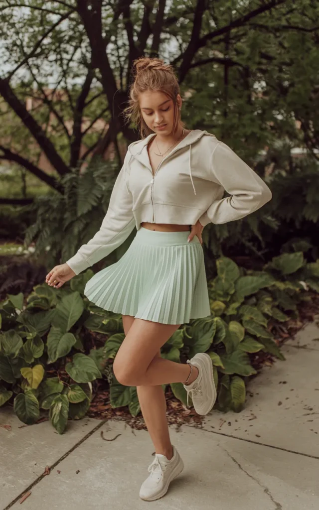 Pair a zip hoodie with pleated skort and sneakers 🎾