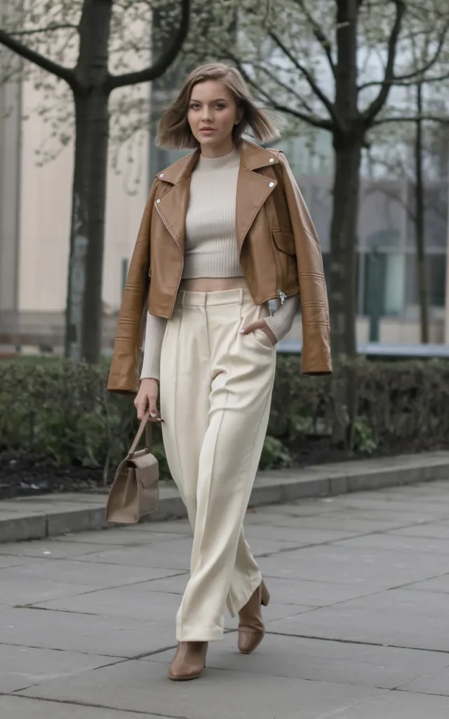 Slip a leather jacket over a monochrome neutral look