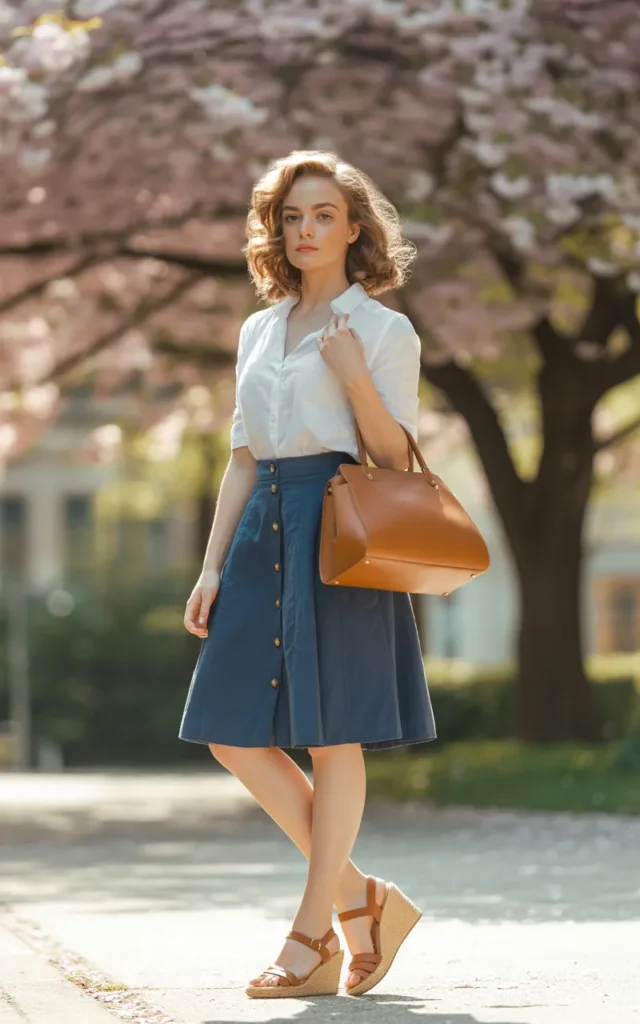 Style a button-front skirt with a tucked-in blouse
