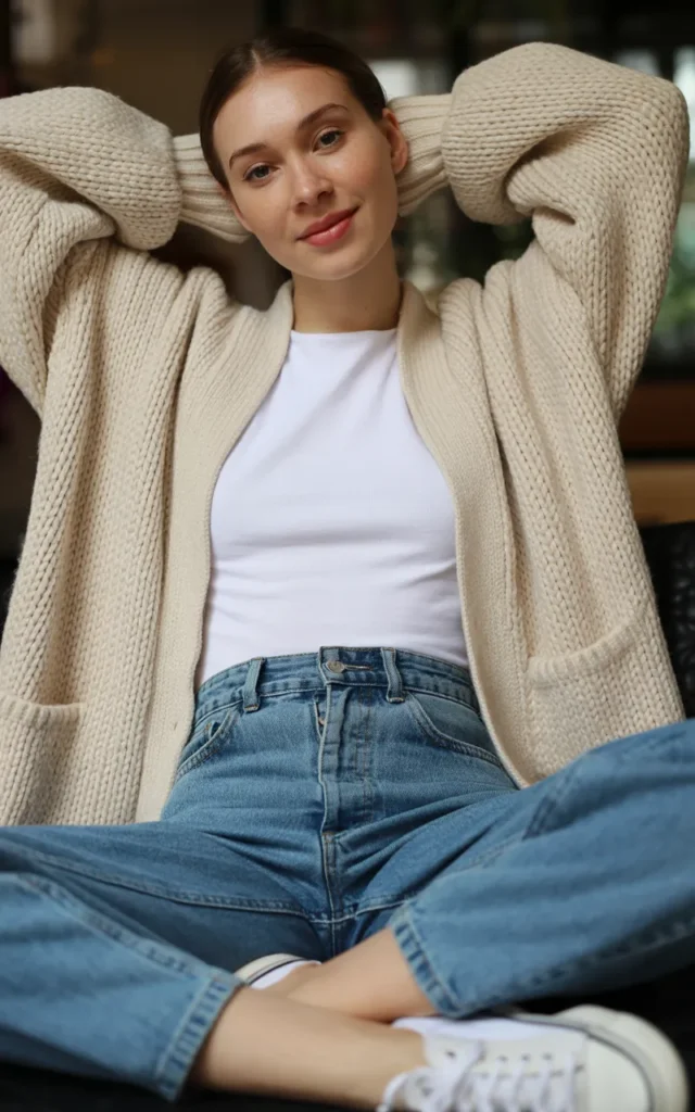 Style a chunky cardigan with a fitted tee and mom jeans