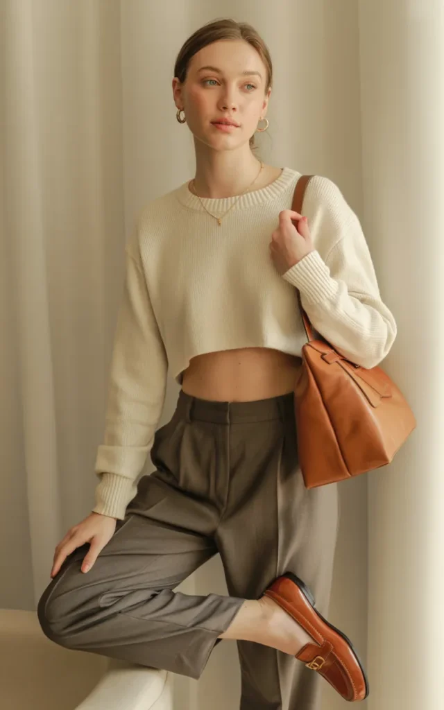 Style a cropped sweater with high-waisted trousers