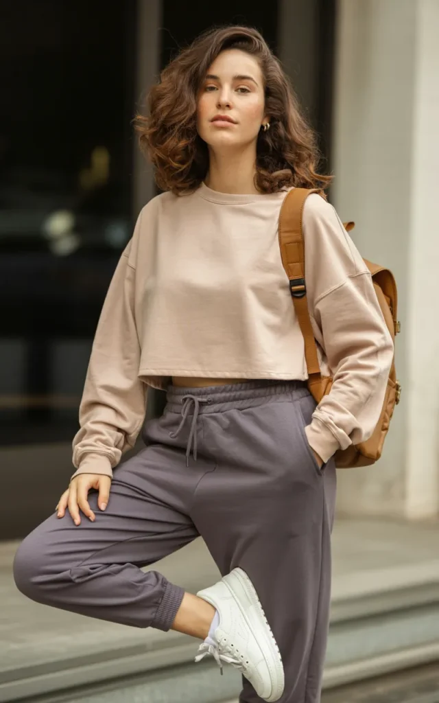 Style a cropped sweatshirt with high-waisted joggers