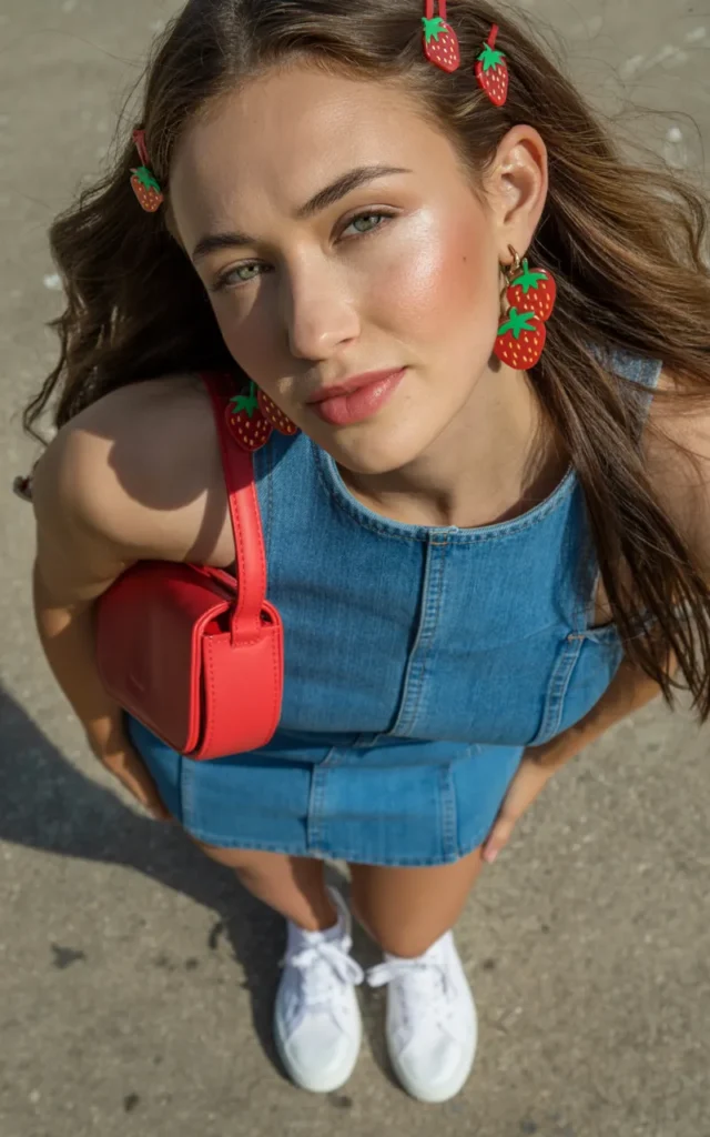 Style a denim dress with strawberry accessories