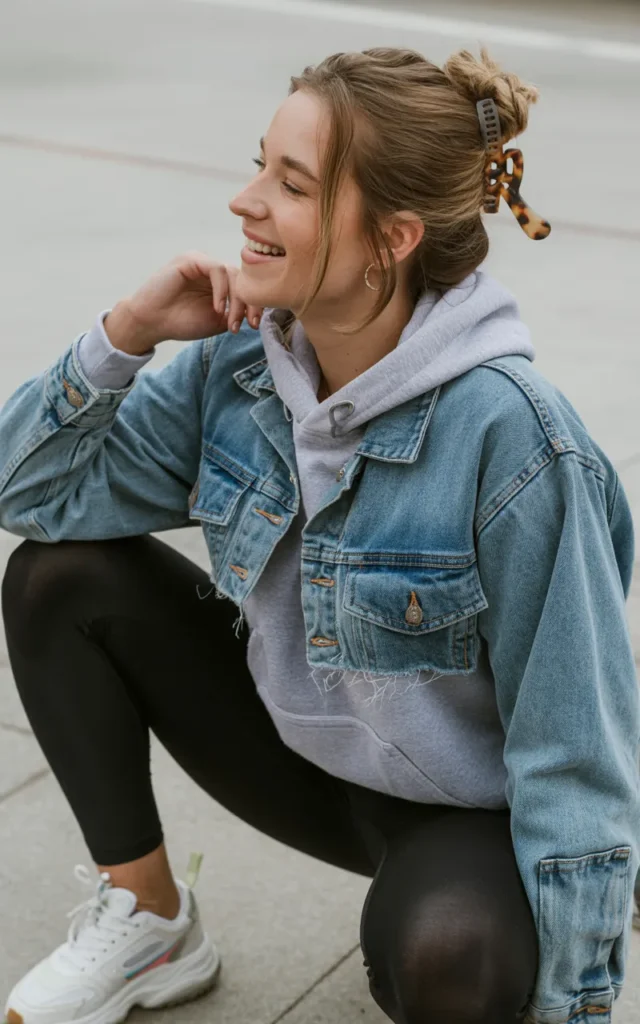 Style a denim jacket with a hoodie and leggings