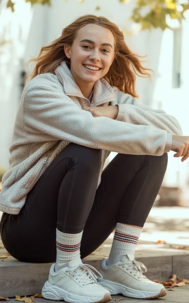 Style a fleece jacket with leggings and chunky sneakers