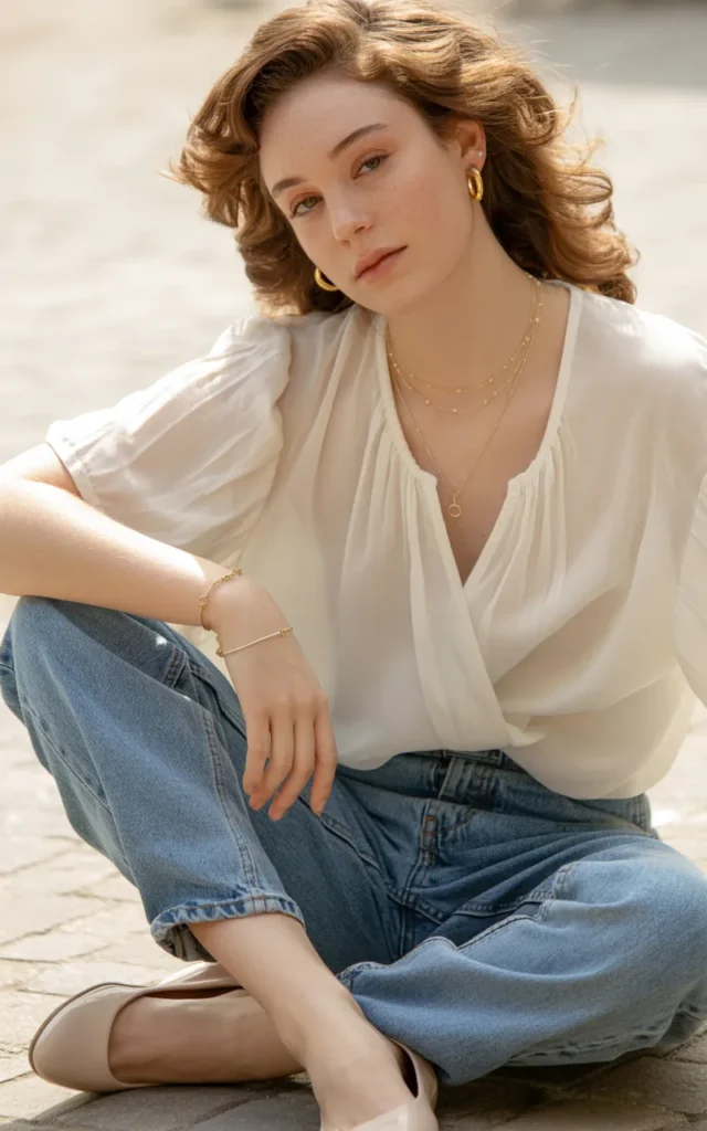 Style a flowy blouse with cuffed jeans and flats