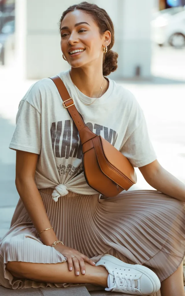 Style a graphic tee with a pleated skirt