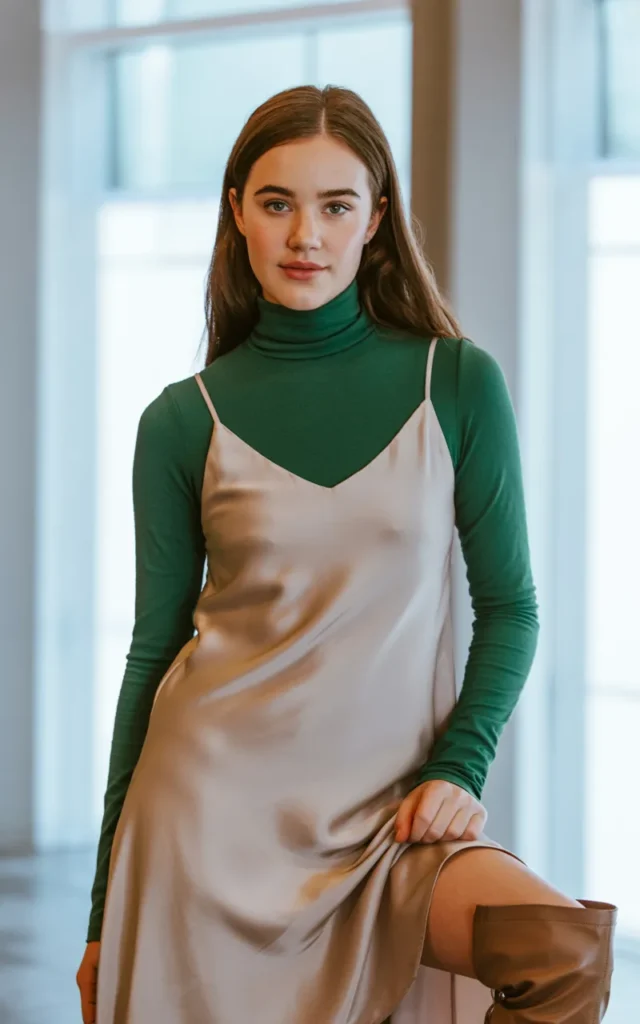 Style a green turtleneck under a slip dress