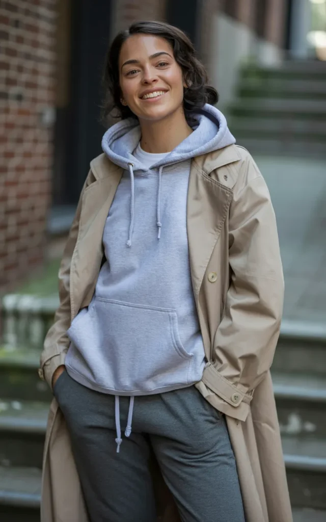 Style a hoodie under a trench coat with joggers