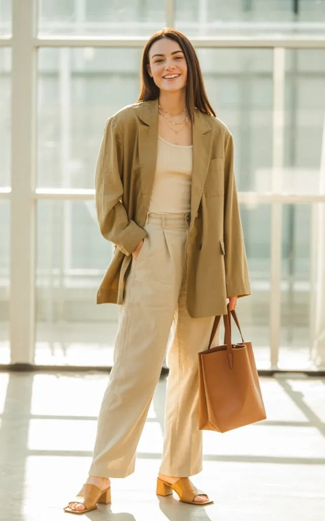 Style a linen blazer with relaxed-fit trousers