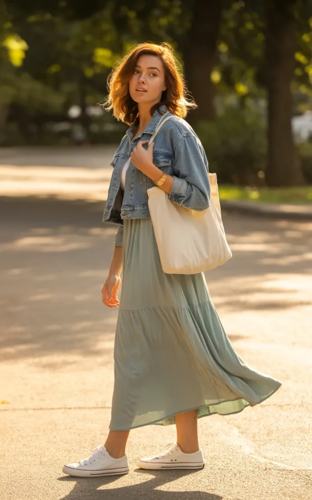 Style a maxi dress with a denim jacket and sneakers